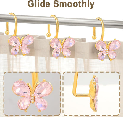 Shower Curtain Hooks,12Pcs Rust Resistant Glitter Crystal Butterfly Metal Decorative Shower Rings Hangers for Bathroom Curtains, Clothing, Towels (Pink)