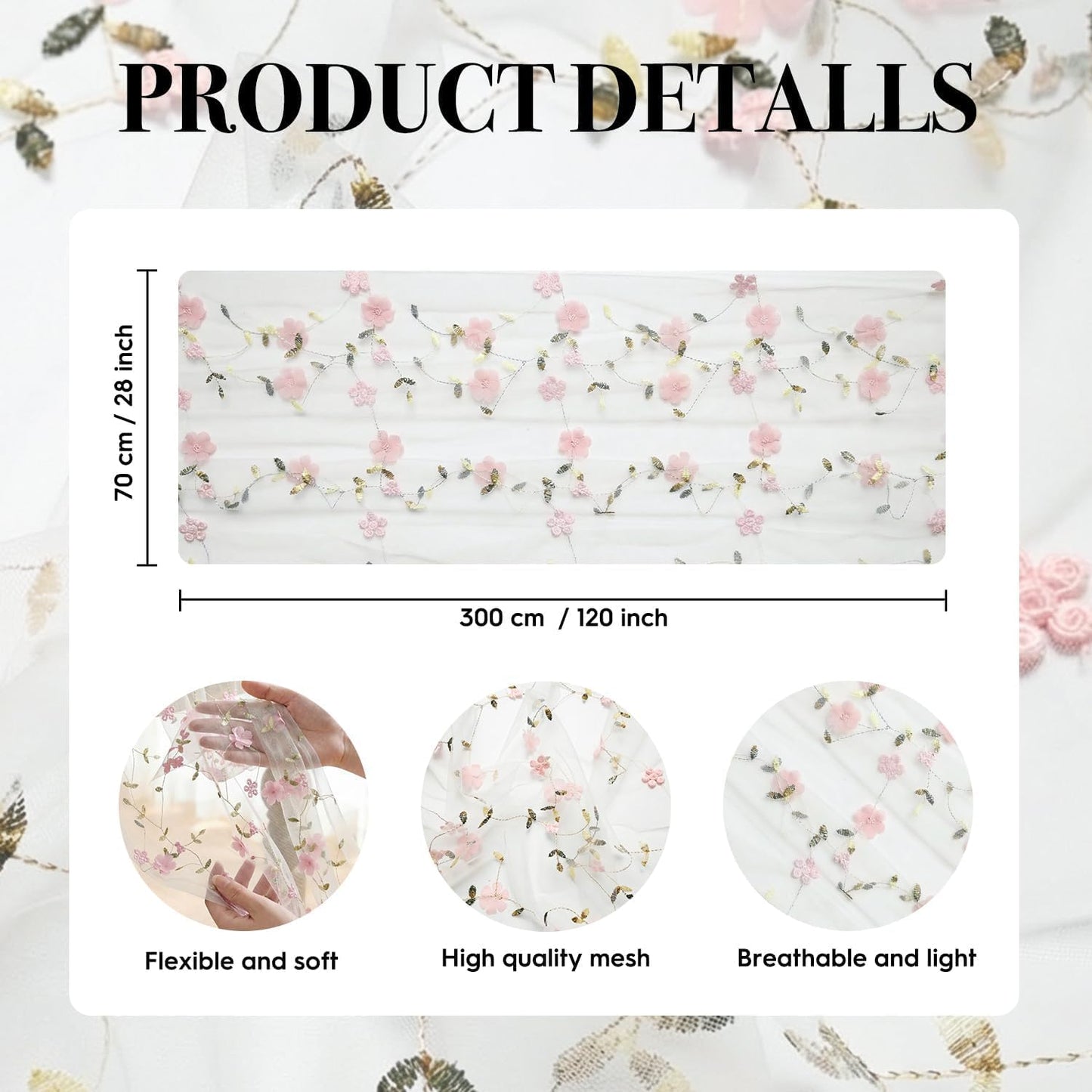 Artoid Mode Pink 3D Flower Gauze Embroidery Table Runner 120 Inch 10FT, Tulle Seasonal Spring Kitchen Dining Holiday Table Decor for Home Party
