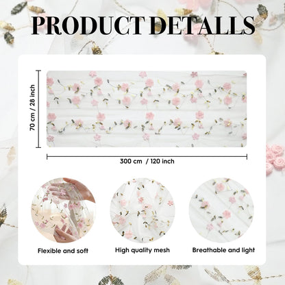 Artoid Mode Pink 3D Flower Gauze Embroidery Table Runner 120 Inch 10FT, Tulle Seasonal Spring Kitchen Dining Holiday Table Decor for Home Party