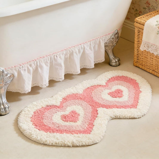Pink Heart Shaped Bath Mat, Irregular Love Design Fluffy Bathroom Rug, Washable Absorbent Quick Dry Floor Carpet, Bath Mats for Bedroom Bathtub Living Room, Valentine's Day Gifts, 20*31 inches (Pink)
