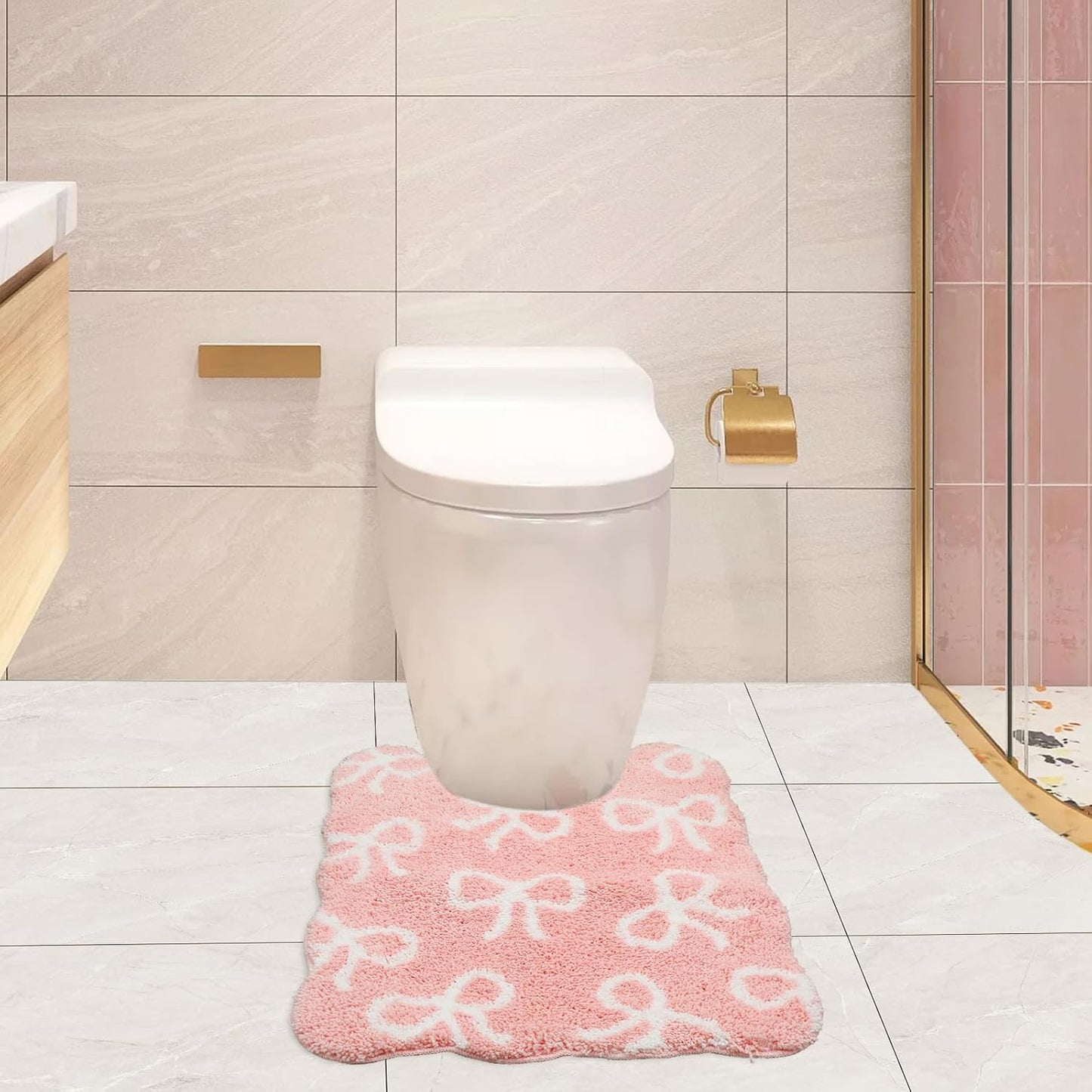 FYSUIMU Pink Bow Bathroom Rug U-Shaped Toilet Rug Soft Plush Bath Mat Non Slip Washable Floor Mat for Home Hotel Bathroom Restroom Decor