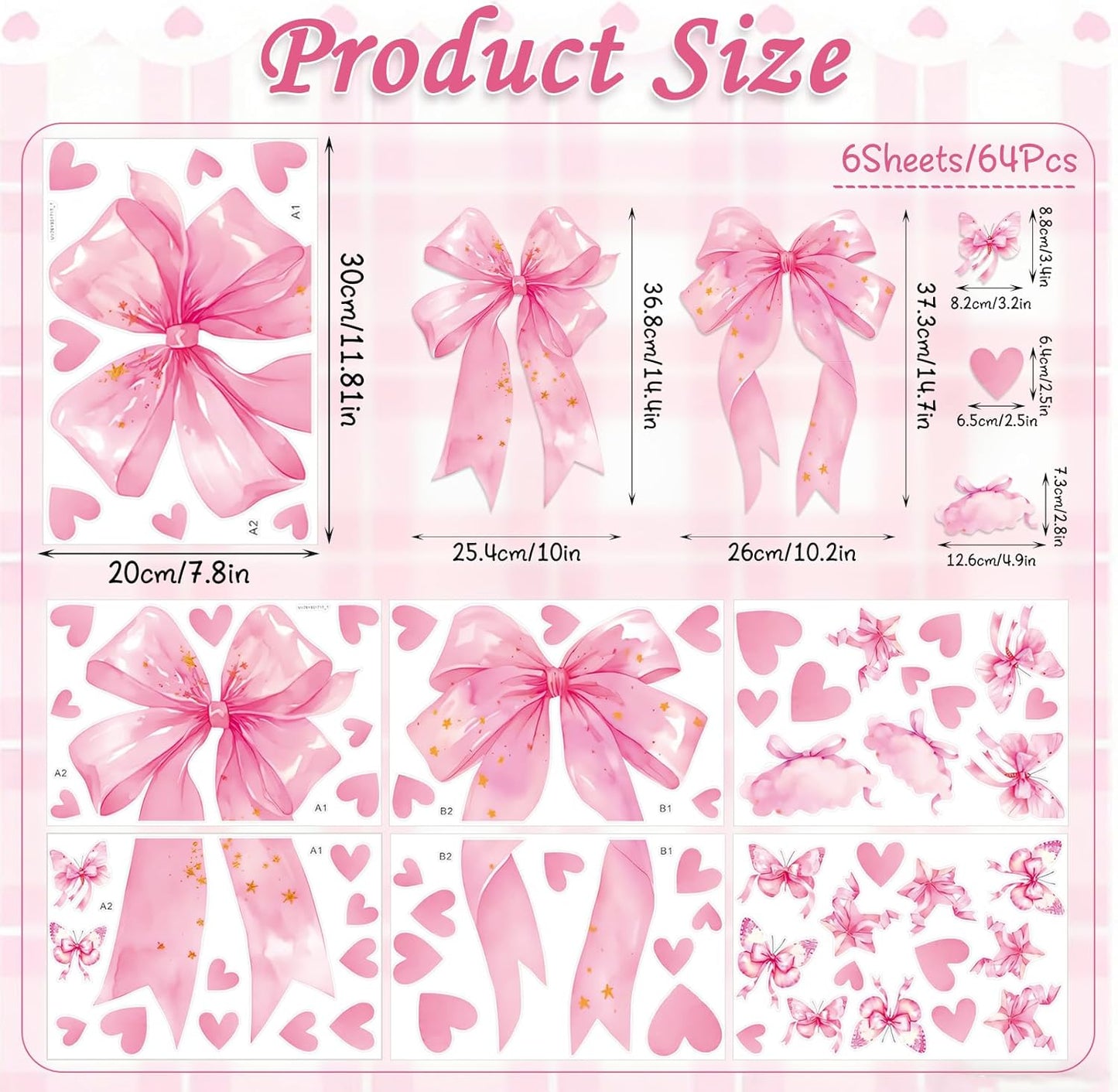 Large Pink Bow Wall Decals - 6 Sheets 64 Pcs Bow Knot Wall Stickers Heart Bow Peel and Stick Wallpaper for Girls Room Nursery Bedroom Coquette Room Décor