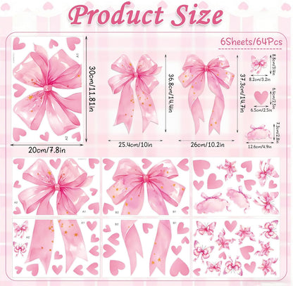 Large Pink Bow Wall Decals - 6 Sheets 64 Pcs Bow Knot Wall Stickers Heart Bow Peel and Stick Wallpaper for Girls Room Nursery Bedroom Coquette Room Décor