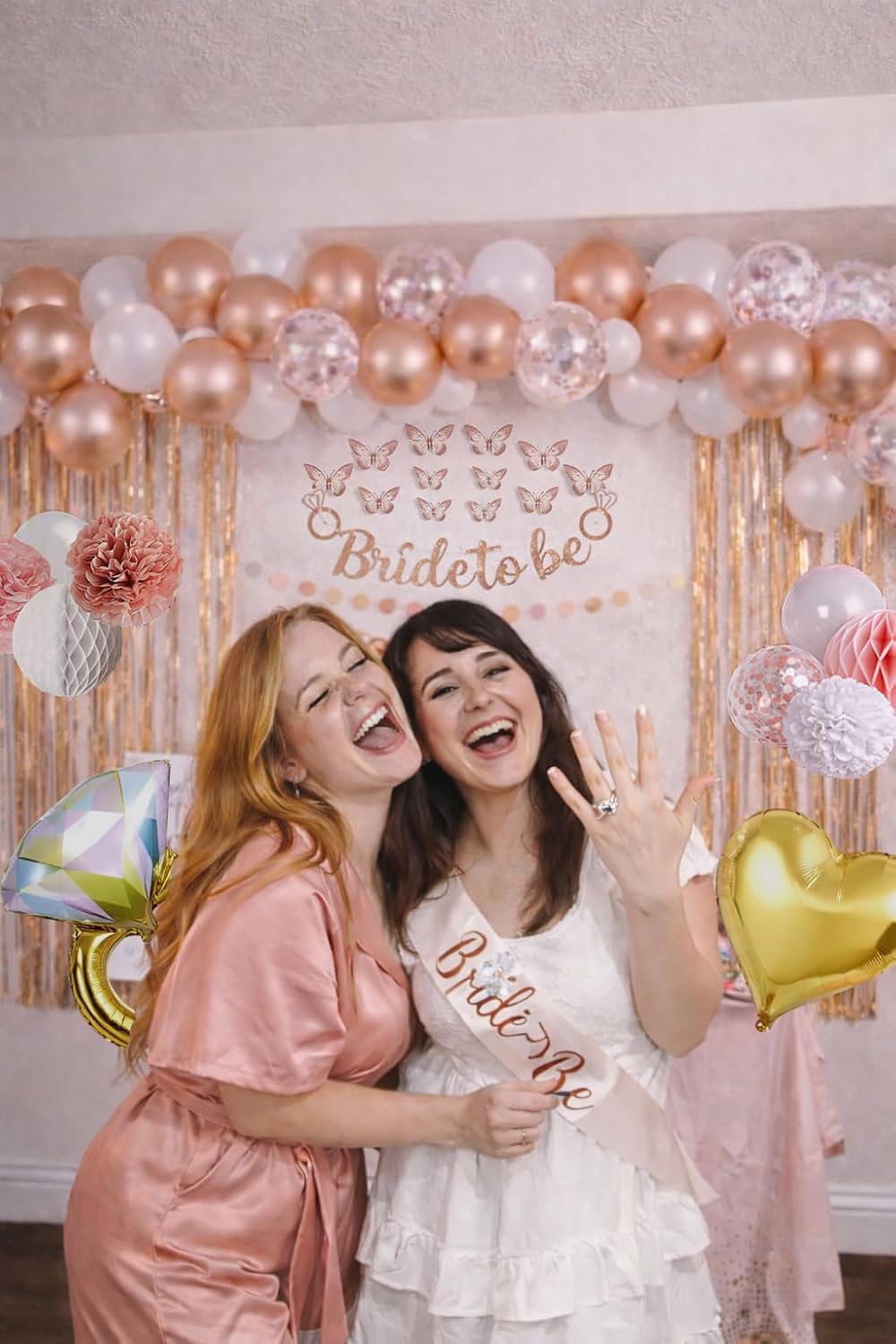 SHYDUCK Rose Gold Bridal Shower Decoration in Clearance, Bachelorette Party Decor with Bride To Be Banner, 3D Butterfly Wall Decor, Balloons, Fringe Curtain & Balloon Arch Strip (Pink)