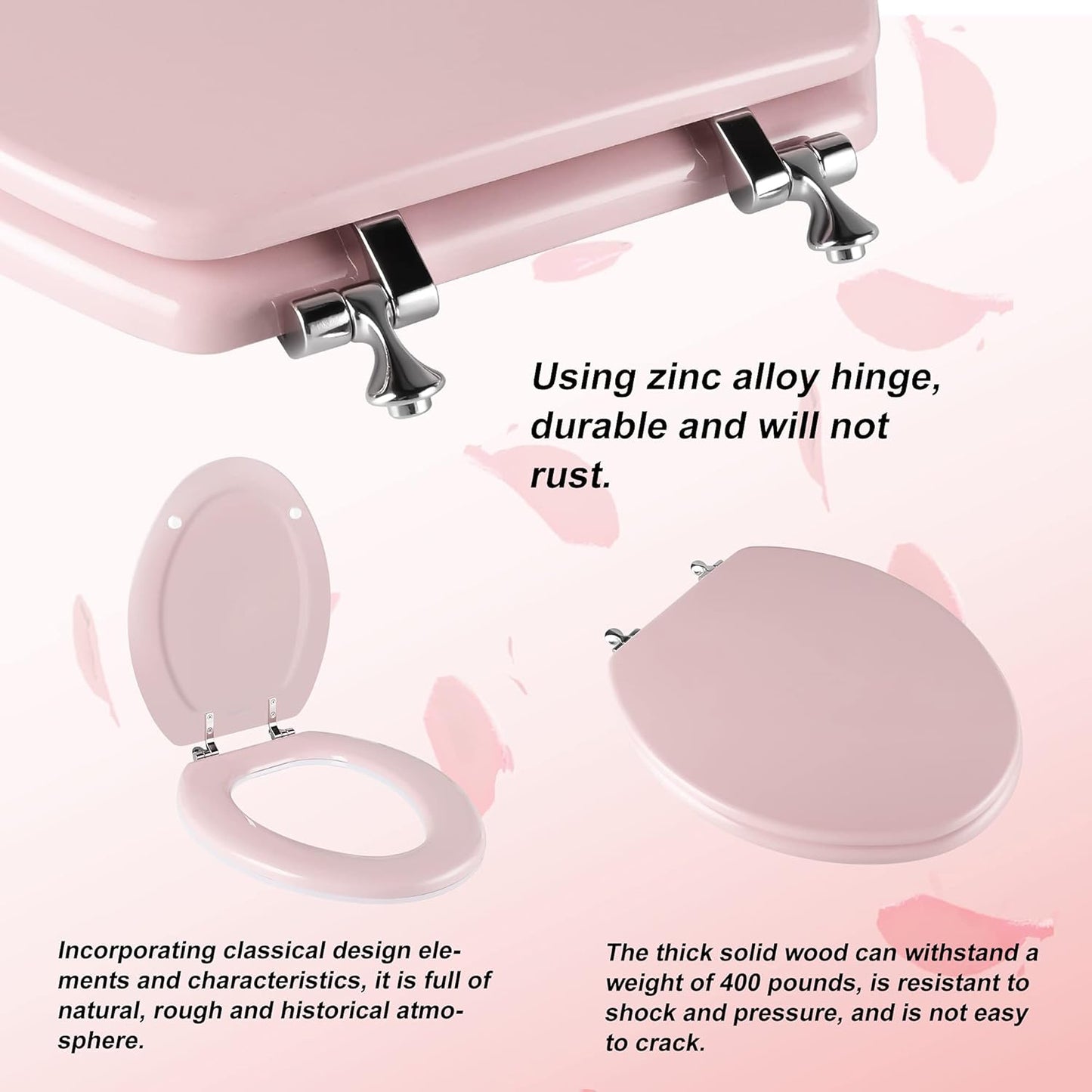 Pink Elongated Toilet Seat Natural Wood Toilet Seat with Zinc Alloy Hinges, Easy to Install also Easy to Clean, Scratch Resistant Toilet Seat by Angol Shiold (Elongated, Pink)