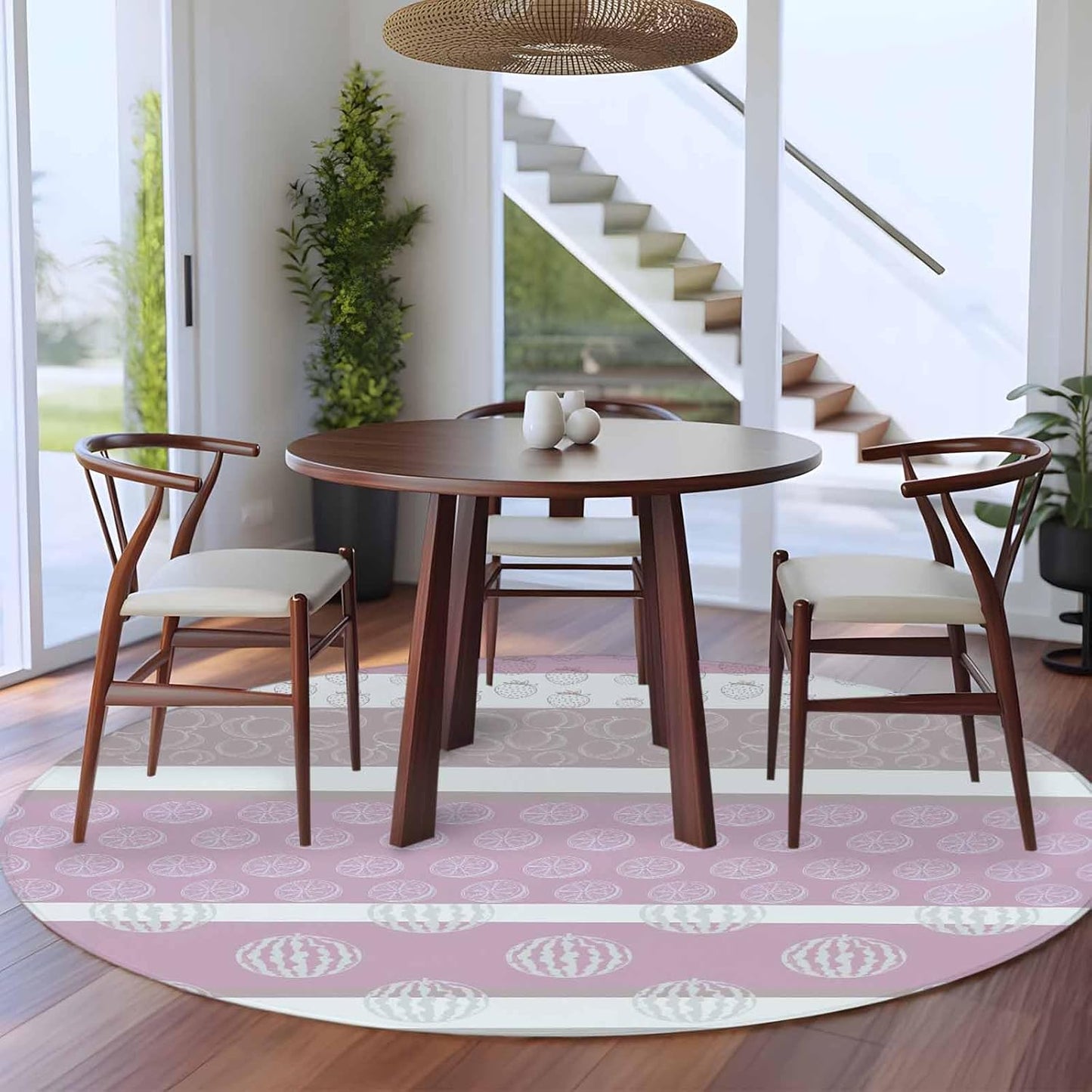 Farm Fruits 8ft Round Rug Washable Area Rug for Living Room, Soft Large Non-Slip 8' Circle Dining Room Rugs Watermelon Lemons Peach Pink Grey Striped Carpet for Bedroom Office Classroom Dorm