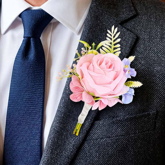 Wedding Flower Boutonniere Red Groom Rose Buttonholes Men's Boutineer Party Suit Decoration Prom Anniversary Accessories for Groomsmans and Man (Pink)