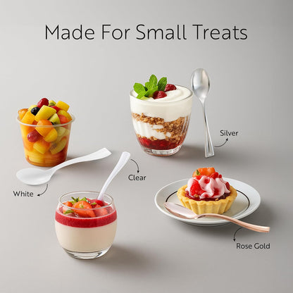 Restaurantware 4 Inch Mini Spoons 100 Disposable Tiny Spoons - Heavy-Duty Pair With Appetizers Or Desserts Rose Gold Plastic Sample Spoons For Parties Weddings Or Catering