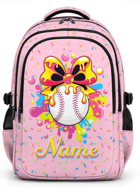 Personalized Baseball Drip Backpack for Kids Teens Custom Bookbag for Girls, Pink Baseball Backpacks for School Travel Hiking