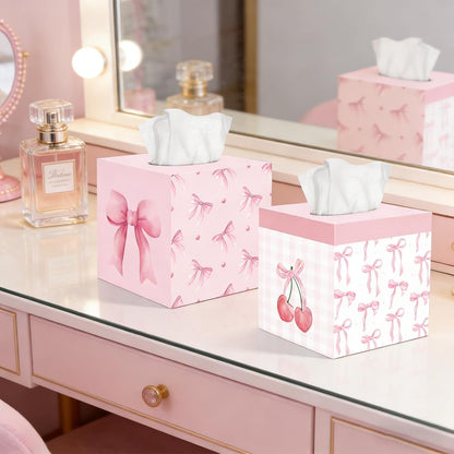 2 Pcs Pink Bow Tissue Box Cover 5.9 x 5.9 x 5.9 Inch Wooden Coquette Bow Decorative Tissue Box Holder Square Paper Towel Holder Cube Boxes Funny Cube Case for Home Pink Party Decorations Supplies