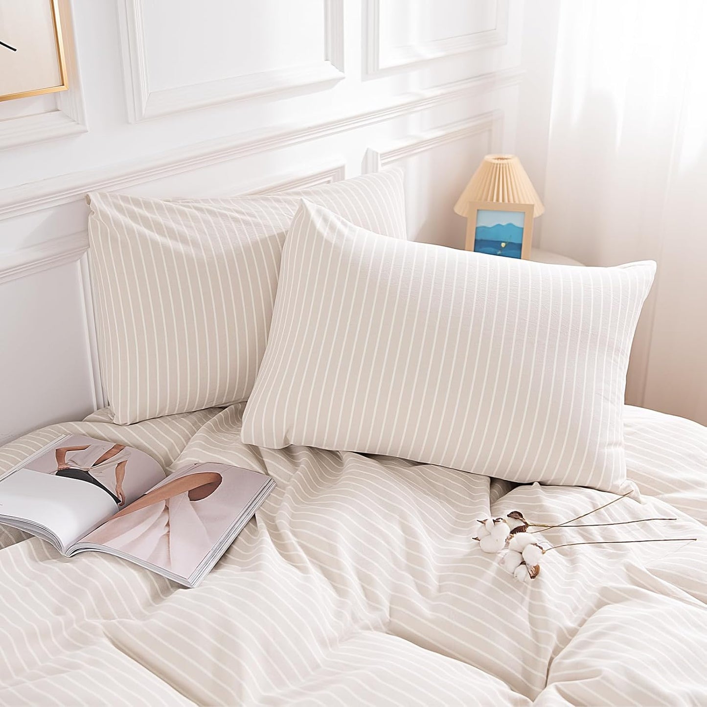 NEXHOME PRO Striped Duvet Cover King Size,100% Washed Cotton Bedding Set,Textured Linen Feel,Breathable,Organic,3 Piece(White Stripes 104x90)