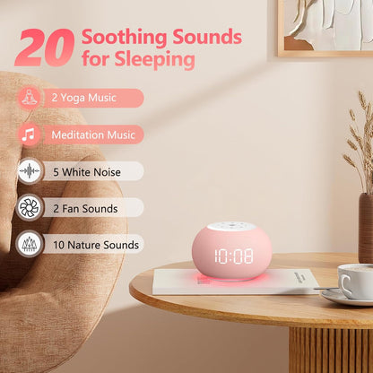 Reacher Auto Dimmable Sound Machine Alarm Clock with Night Lights, 20 Soothing Sounds, Sleep Timer, Precise Volume Control, Cute White Noise Soother for Girls, Kids, Bedrooms, Office
