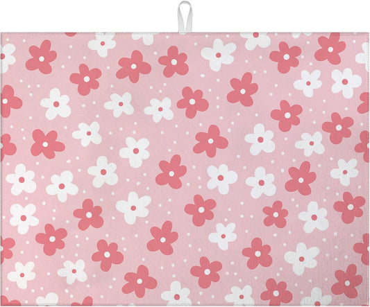Pink Daisy Floral Dish Drying Mat for Kitchen Counter Microfiber Absorbent Dish Vintage Flowers Kitchen Drying Mat Draining Reusable Washable for Dishes/Utensils/Countertops/Sinks