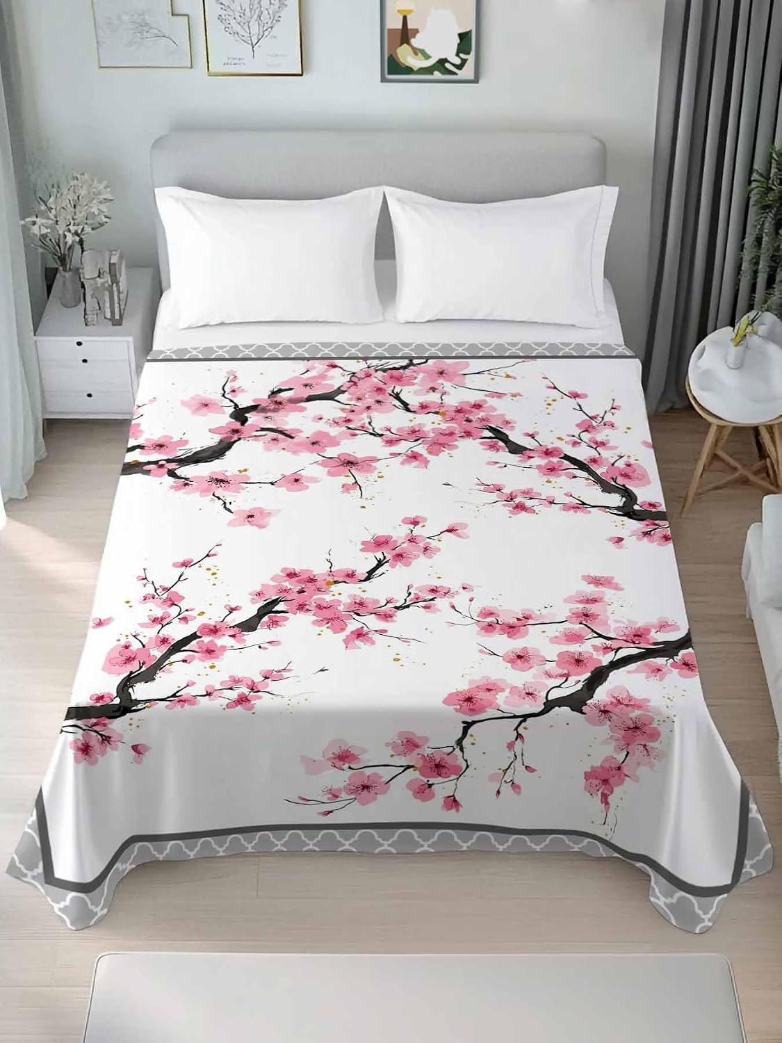 Spring Pink Flowers Full Size Sheets - Hotel Quality Full Flat Sheet Only 1 Pack, Botanical Peach Blossoms Floral Soft Bed Sheet Brushed Microfiber Bedding Top Sheets for Home Dorm