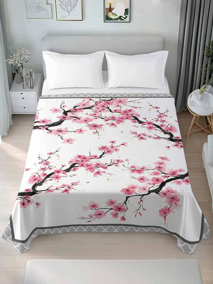 Spring Pink Flowers Full Size Sheets - Hotel Quality Full Flat Sheet Only 1 Pack, Botanical Peach Blossoms Floral Soft Bed Sheet Brushed Microfiber Bedding Top Sheets for Home Dorm