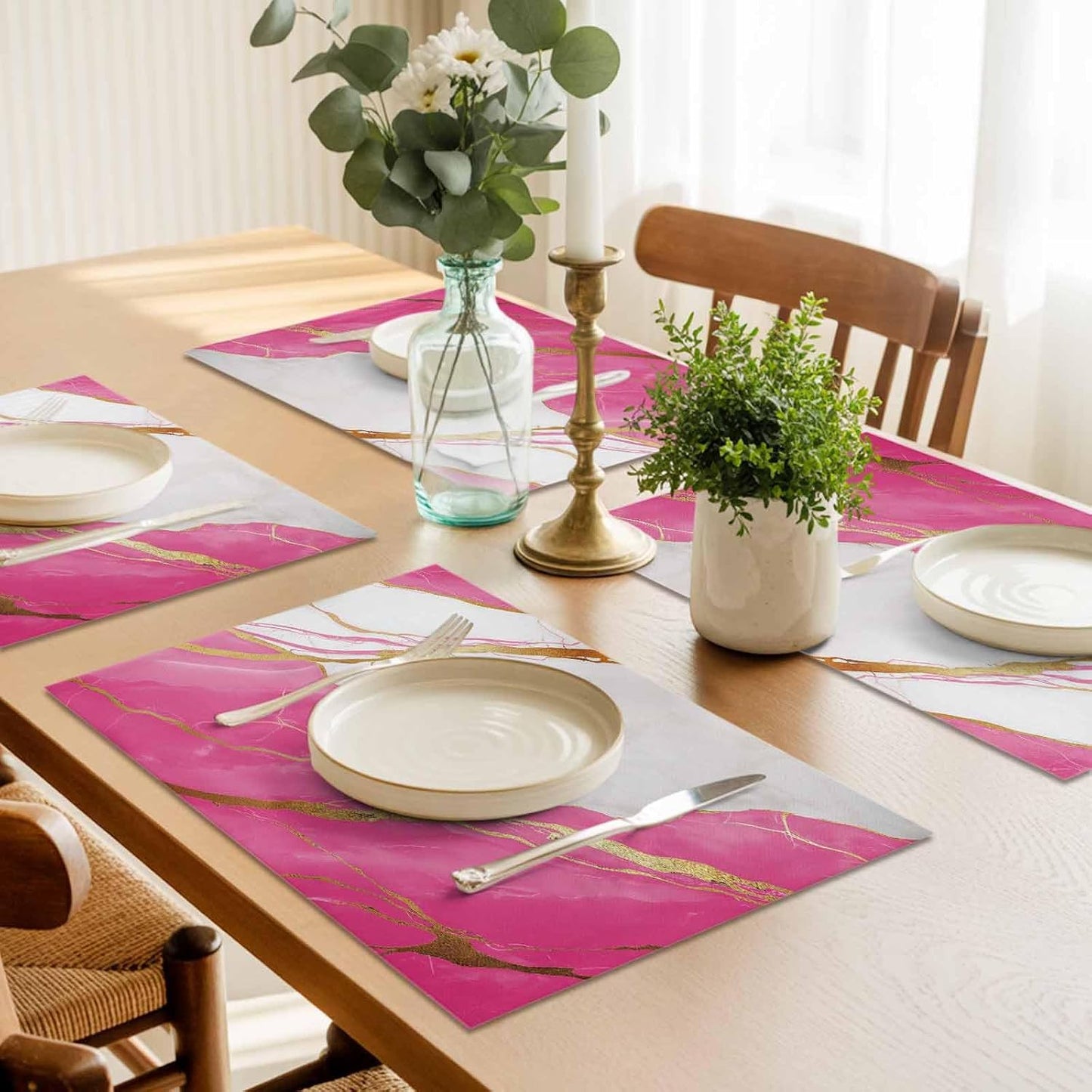 Abstract Marble Placemat Set of 4 Non-Slip Placemats for Dining Table Marble Pink Washable Table Mats, Heat Resistant Kitchen Table Mats for Party, Dining Room & Home Decor