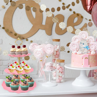 5 Pcs Dessert Table Display Set, Pink Plastic 2 Pcs Round 3 Tier Cupcake Stand Cup Cake Tower Stand with Metal Rod & 3 Pcs Serving Tray for Baby Shower, Tea Party, Wedding, Birthday Party