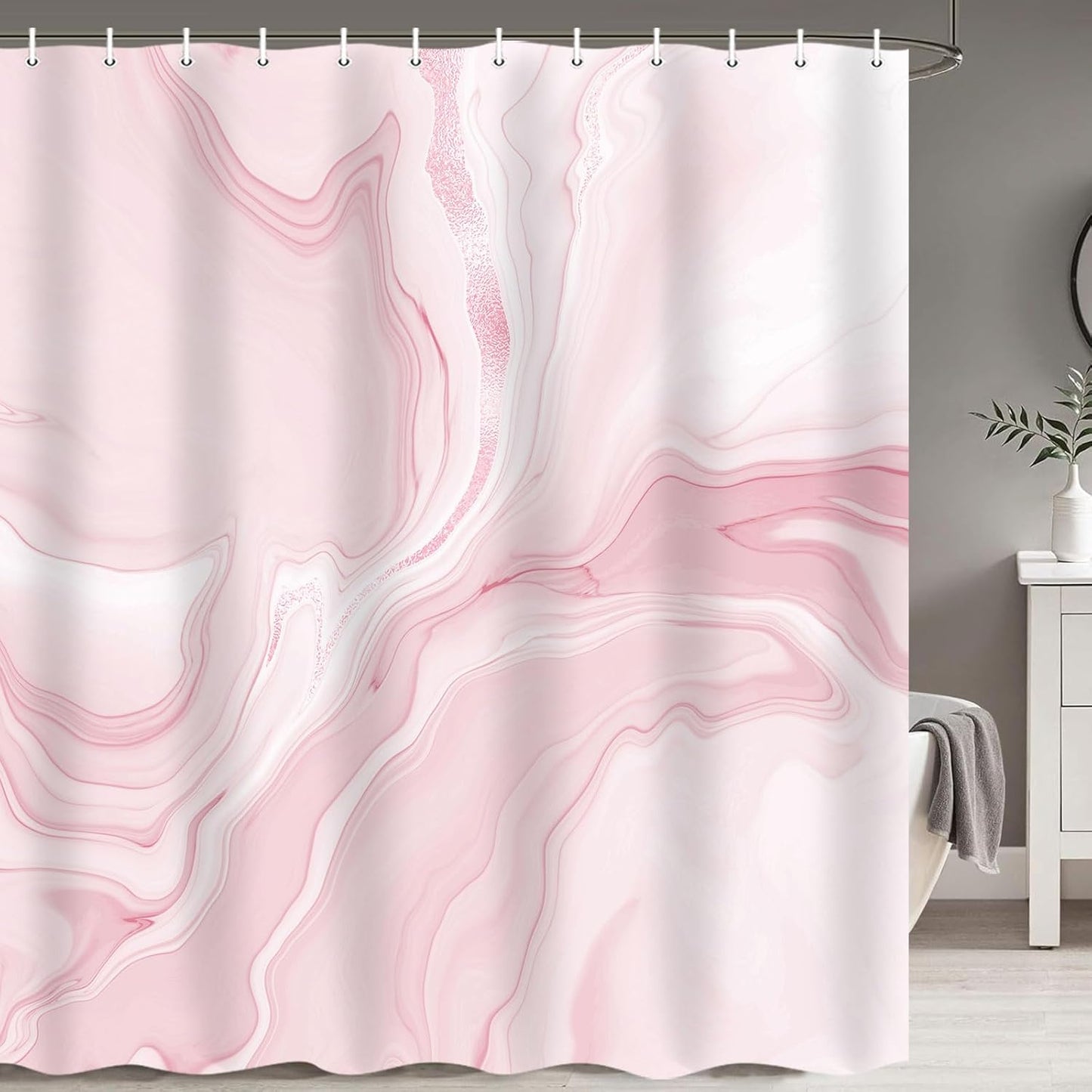 MERCHR Pink Marble Shower Curtain, Abstract Modern Shower Curtains for Bathroom Decor, Aesthetic Ink Art Chic Elegant Waterproof Fabric Shower Curtain Set with Hooks, 72x72 Inch