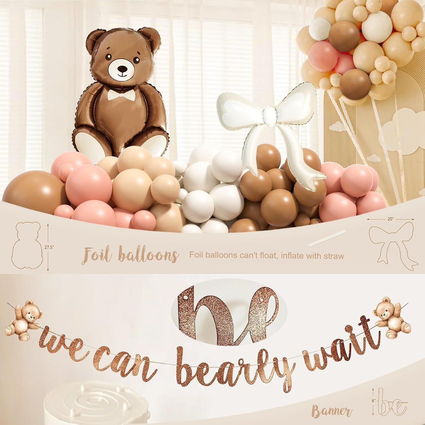 Pink Bear Baby Shower Decorations Party Supplies, We Can Bearly Wait Baby Shower Decoration for Girl with Backdrop Balloon Arch Box Mom to Be Sash Dad to Be Pin Tablecloths Bear Balloon