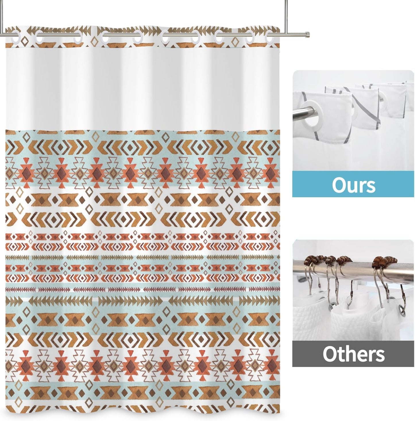 Boho Shower Curtain with Snap in Liner No Hook Mid Century Abstract Curtains for Bathroom Decorations Arch Sun Palm Leaf Waterproof Fabric Bath Accessories Washable 71x74 Inch