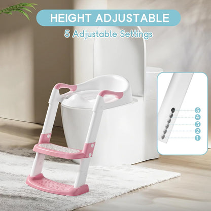 COOSEYA Potty Training Toilet with Step Stool Ladder, Toddler Kids Potty Training Seat for Boys Girls, Foldable Non-Slip Toilet Toddler Seat Splash Guard Soft Cushion Safety Handles (Pink)