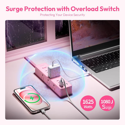 Pink Power Strip, NTONPOWER Surge Protector Power Strip, Cute Pink Extension Cord 5FT, 9 Outlets 3 USB (1 USB C), Mounted, 1080J, Multiple Outlets for Home Office, Kawaii, Desk Accessories, Women