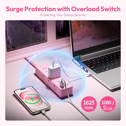 Pink Power Strip, NTONPOWER Power Strip Flat Extension Cord 15FT, 9 Outlets 3 USB Ports(1 USB C), Wall Mount, 1080J, Multiple Outlets for Home, Dorm, Vanity Desk, Nightstand,Women