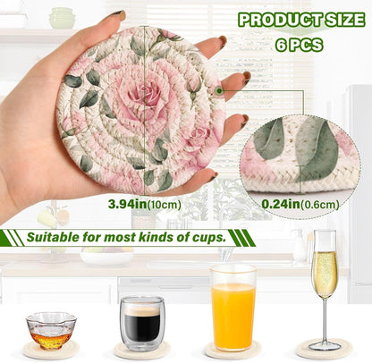 Pink Roses Coasters with Holder 6 Pcs for Drink Cup Table Home Decor Bar Housewarming Gift
