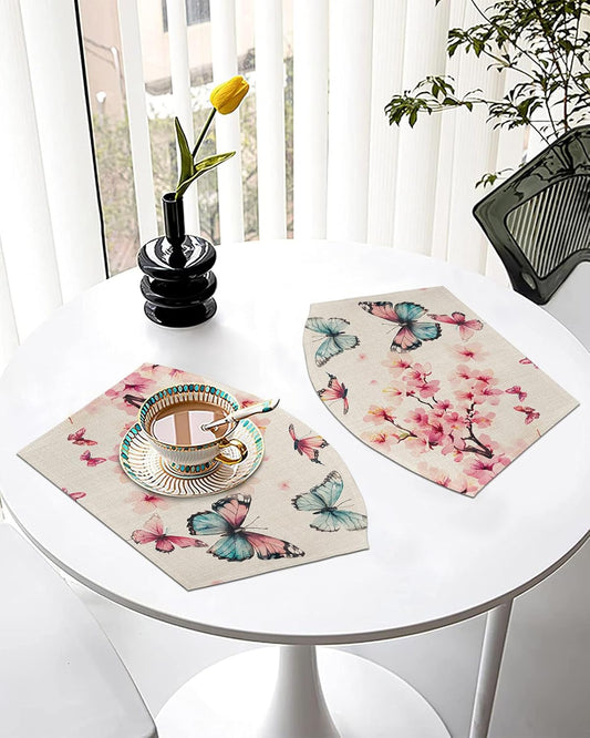 Round Table Placemats Set of 2, Retro Peach Blossom Butterfly Wedge Table Mat Washable Placemat, Animal Plants on Linen Fan Shape Place Mats for Kitchen Indoor Outdoor
