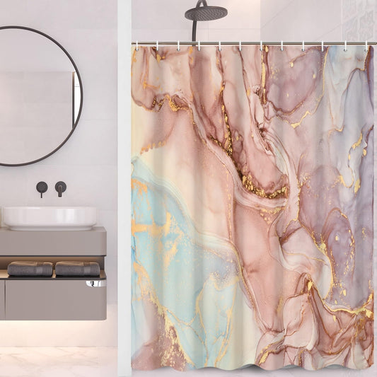 Abstract Pink and Blue Marble Bathroom Shower Curtain Gradient Watercolor Gold Sand Waterproof Shower Curtains with Hooks Modern Art Aesthetic Shower Curtain for Girls Bathroom, 48x72 Inch