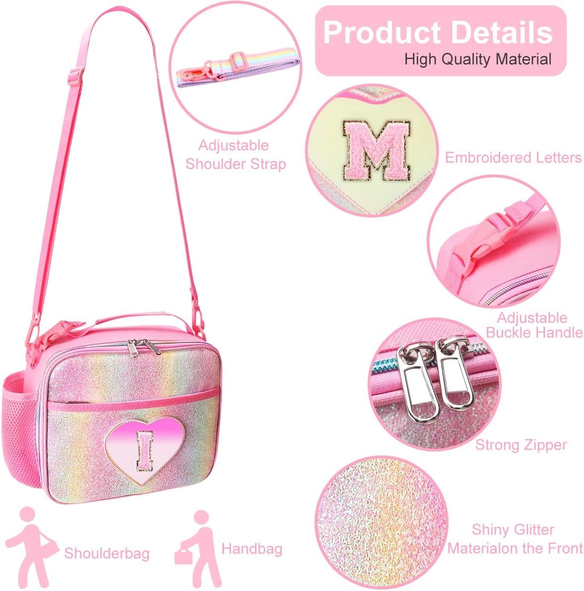 RHCPFOVR Kids Initial Lunch Bag - Insulated Lunch Box for Boys Girls,Washable Lunch Bag and Reusable Toddler Leak-proof Lunchbox for School and Daycare Pink J