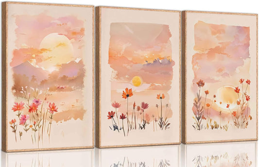 3 Pcs Sunrise Canvas Wall Art Blush Pink Wildflowers Floral and Orange Sunset Watercolor Landscape Paintings Pictures Wall Decor Poster Print Artwork for Living Room Bedroom Home Decoration Unframed