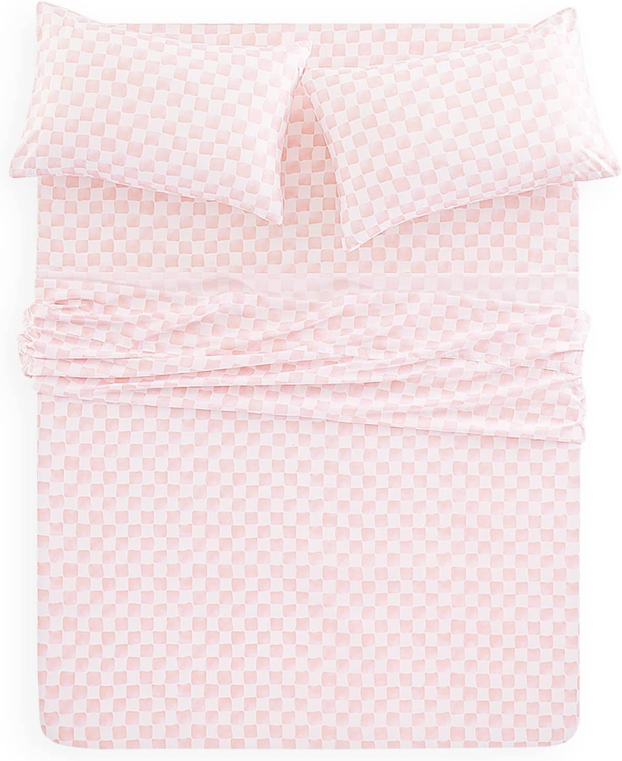 Wake In Cloud - Gingham Sheet Set, 4-Piece Sheet Set, Checkered Grid Plaid Checkerboard Geometric Preppy Hand Drawn Pattern Printed Bedding, Deep Pocket, Pink White, Queen Size