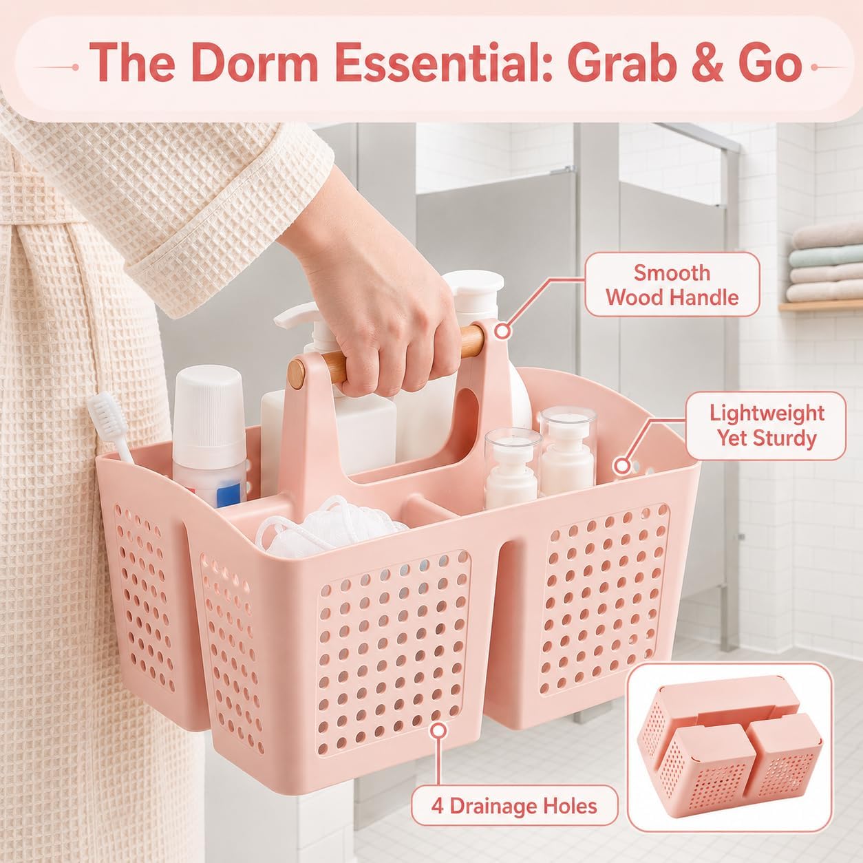 Portable Shower Caddy Basket with Wood Handle, 3-Compartment Bathroom Organizer Tote with Drain Holes, Plastic Shower Basket for Dorm, Toiletries, Cleaning Supplies, Pink