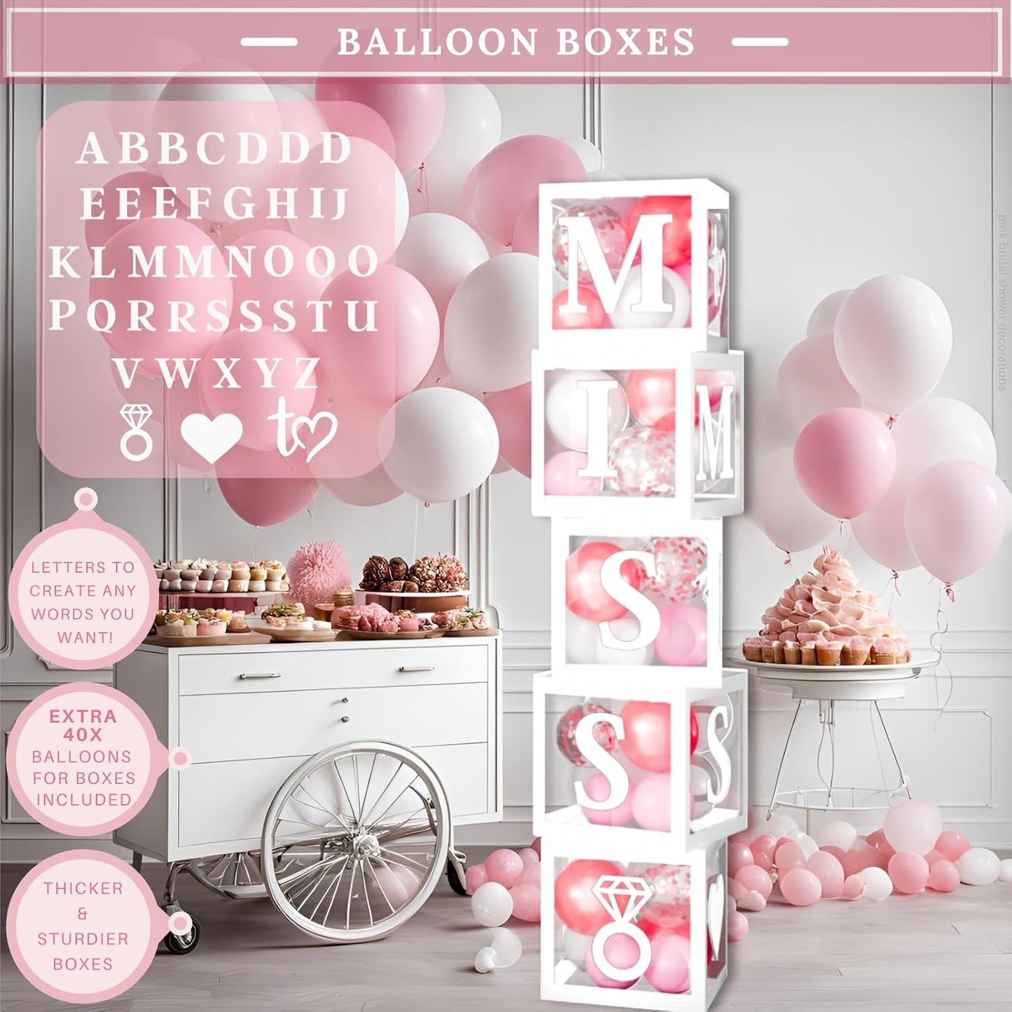 188 Pc Pink Bridal Shower Decorations – Balloon Arch, Boxes & A-Z Letters | Bridal shower & bachelorette kit: balloon arch, 5 DIY balloon boxes, foil balloons, table signs; pink/rose gold