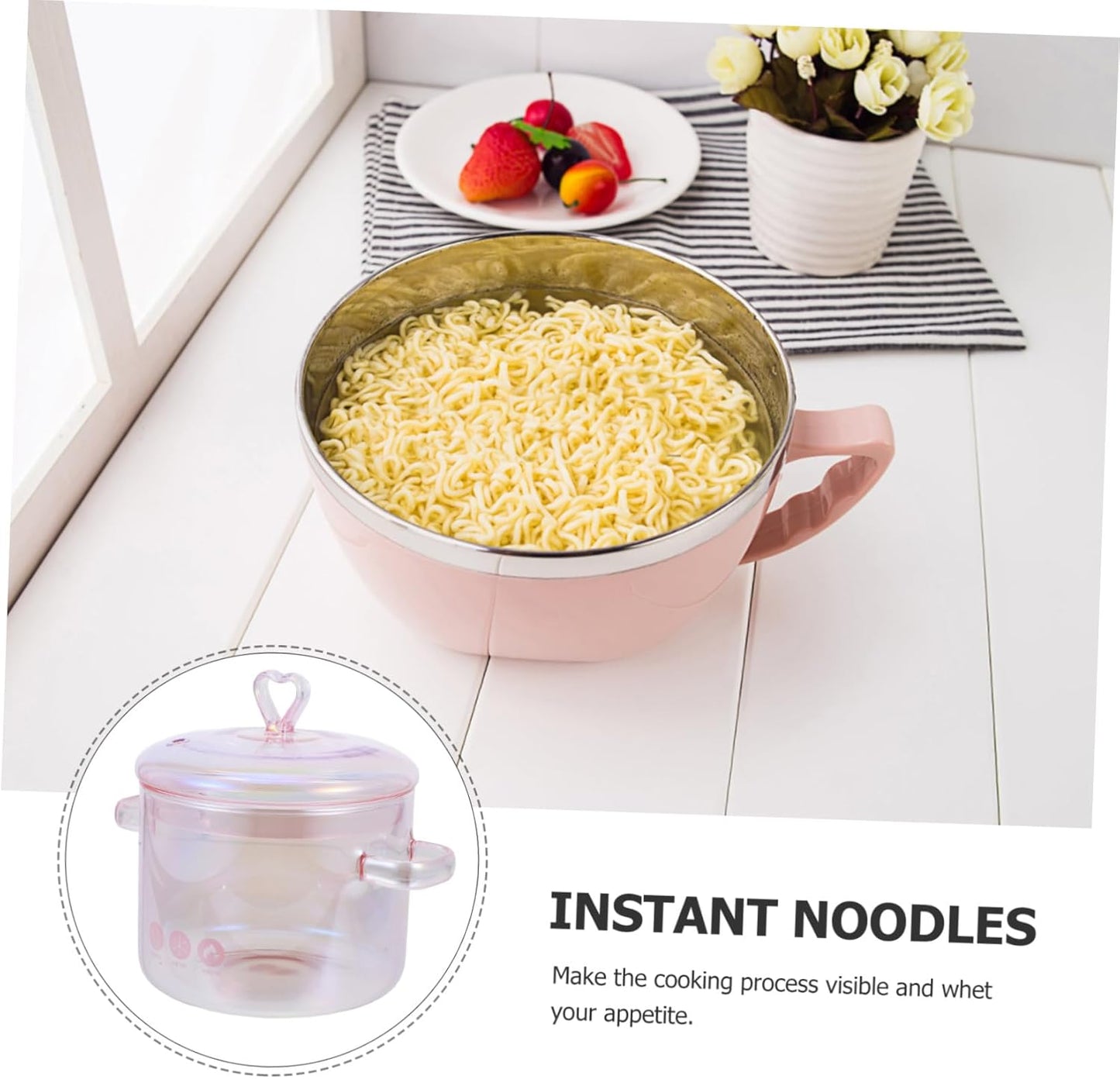 Pink Glass Saucepan with Cover,50oz/ 1500ml Double-handle Stew Pot with Lid Heat-resistant Glass Soup Pot for Home Cooking