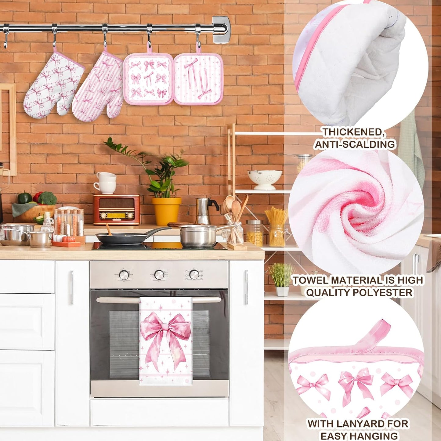 SiliFine 12 Pcs Pink Kitchen Accessories Set Bows Pot Holders Oven Mitts and Kitchen Towels Coquette Potholders Cooking Mittens Oven Glove for Home Baking Cooking Supply Gifts