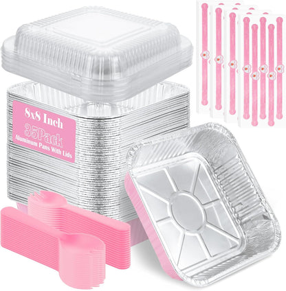 SHUESS 35 Pcs Aluminum Pans, 8x8 Inch Aluminum Pans with Lids, Mini Cake Pans Set, Small Square Pink Foil Baking Pans with Lids, Spoons and Stickers for Oven, Air Fryer, Cake, Vegetables, Brownie