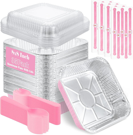 SHUESS 35 Pcs Aluminum Pans, 8x8 Inch Aluminum Pans with Lids, Mini Cake Pans Set, Small Square Pink Foil Baking Pans with Lids, Spoons and Stickers for Oven, Air Fryer, Cake, Vegetables, Brownie