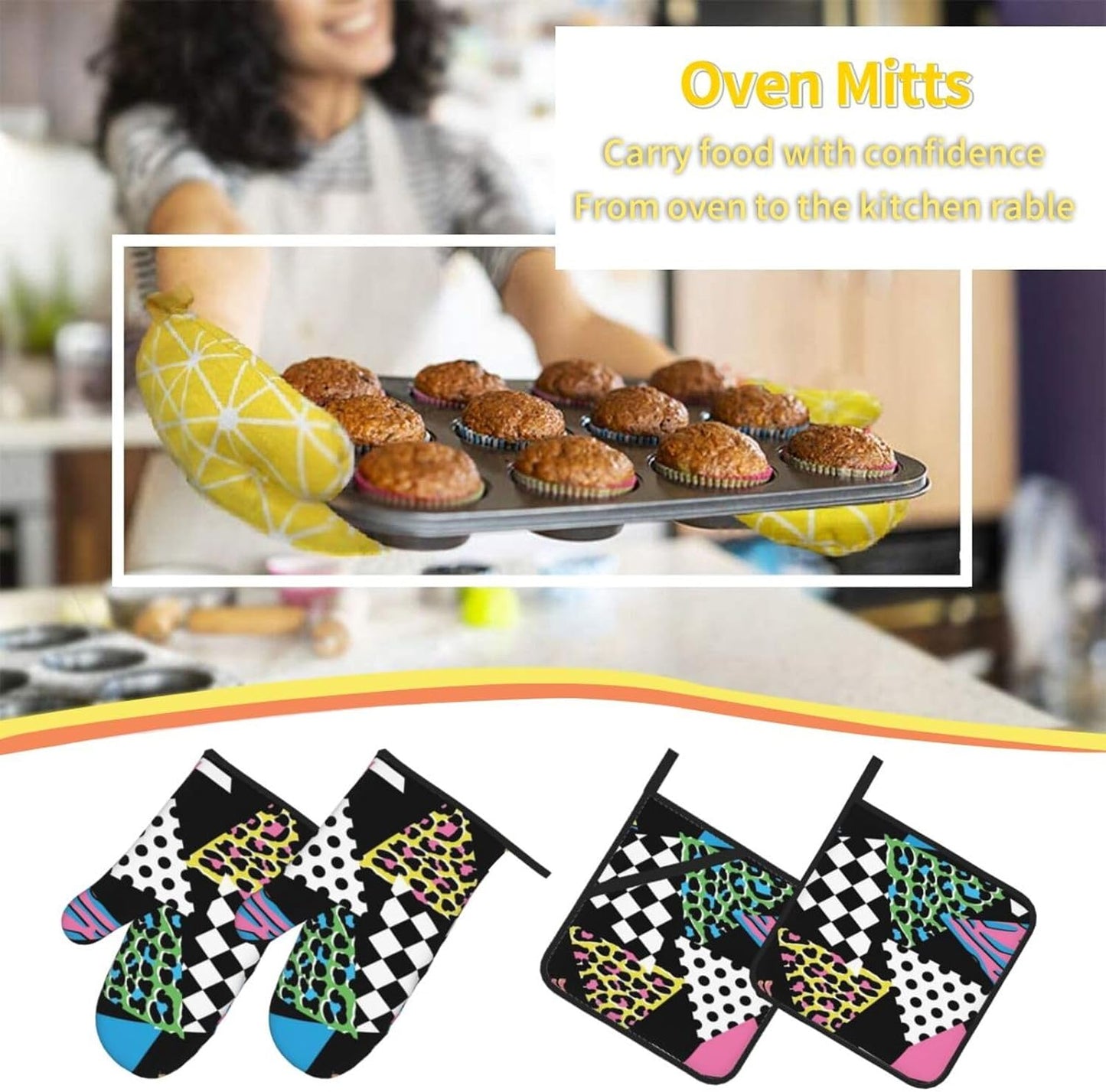 Pink Hipster Shapes 1980s Animal Memphis Black Geometric Line Stripes 4 Pack Custom Design Oven Mitts Pot Holders Set, Thick Polyester Kitchen Gloves for Home Baking Backyard Grilling