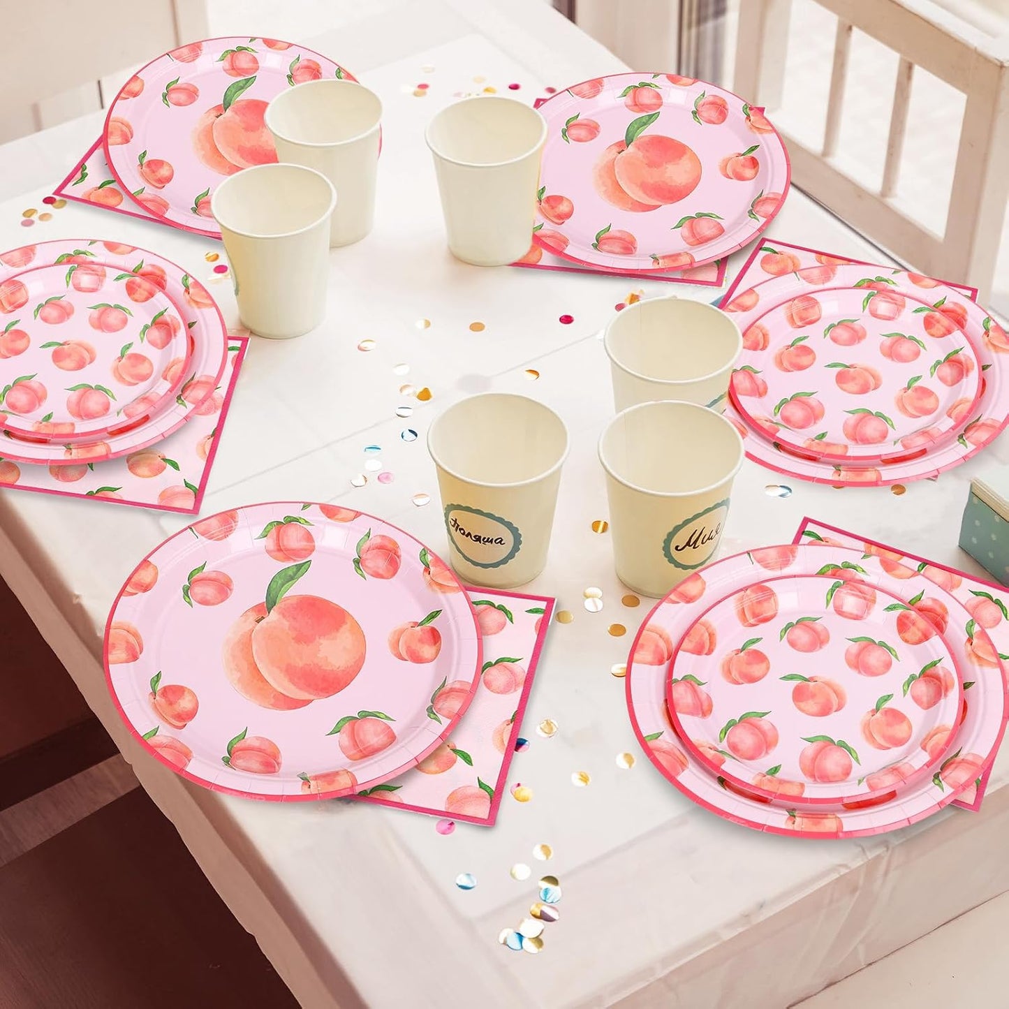 FYSUIMU 72 Pcs Peach Tableware Set Watercolor Pink Peach Fruit Disposable Plates and Paper Napkins for 24 Guests Summer Birthday Baby Shower Party Table Supplies