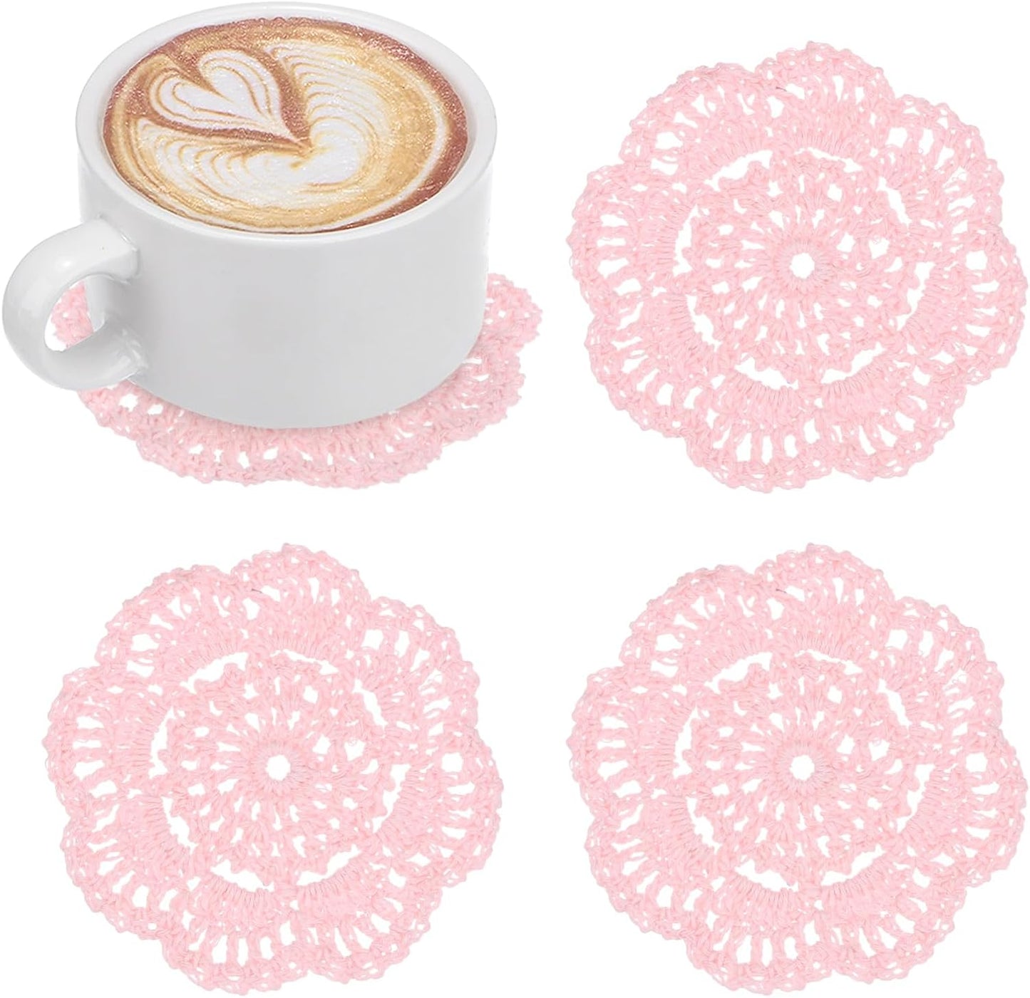 M METERXITY 4-Pack Handmade Crochet Coasters, 4Inch/10cm Round Cotton Placemats for Table/Cup/Bowl/Vase/Tea Trays/Home Decoration, Lace Doilies Place Mats [Light Pink]