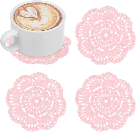 M METERXITY 4-Pack Handmade Crochet Coasters, 4Inch/10cm Round Cotton Placemats for Table/Cup/Bowl/Vase/Tea Trays/Home Decoration, Lace Doilies Place Mats [Light Pink]