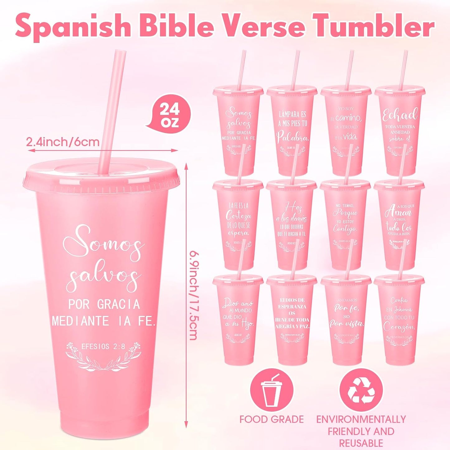 Funnymoom 60 Packs Christian Gift Bulk Inspirational Spanish Bible Verse Cup Gift Father Day 24oz Religious Plastic Tumbler with Lid Straw for Church (Light Pink)