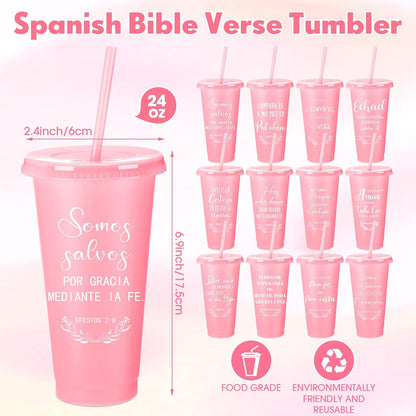 Funnymoom 60 Packs Christian Gift Bulk Inspirational Spanish Bible Verse Cup Gift Father Day 24oz Religious Plastic Tumbler with Lid Straw for Church (Light Pink)