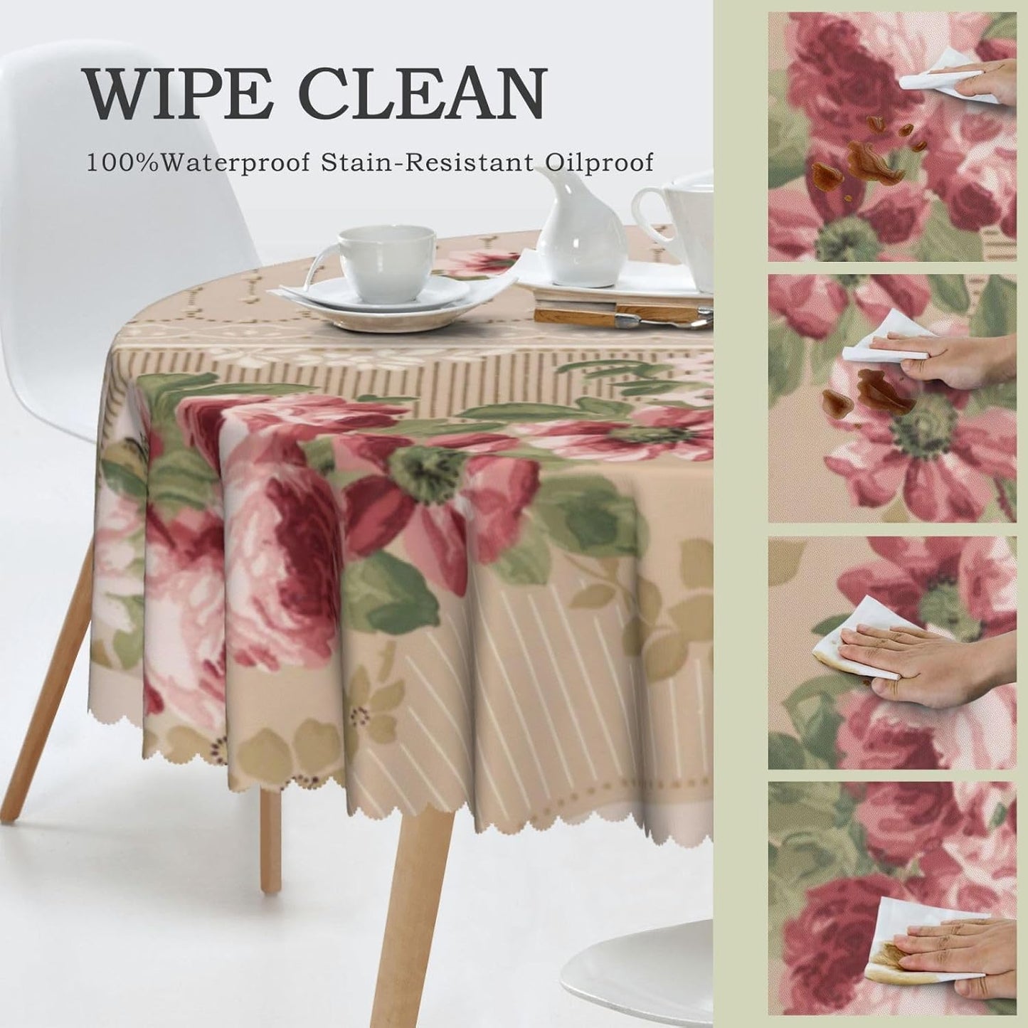 Romantic Victorian Pink Floral Round Tablecloth Washable Scalloped Table Cloth Decorative for Dining Camping Party 60 Inch