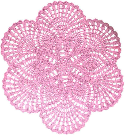 Handmade Crochet Lace Doily 15.5 inches to 17.5 inches Round 6 Petals Flower Placemats Coasters Vintage Doilies Vase Cup Mats (1, Pink)