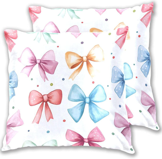 Decorative Throw Pillow Covers Pack of 2, Bow Dot Pattern Blue Pink Yellow Velvet Throw Pillow Cases for Couch Pillows Cover Bedroom Outdoor, Pillows Covers 18x18 Inch