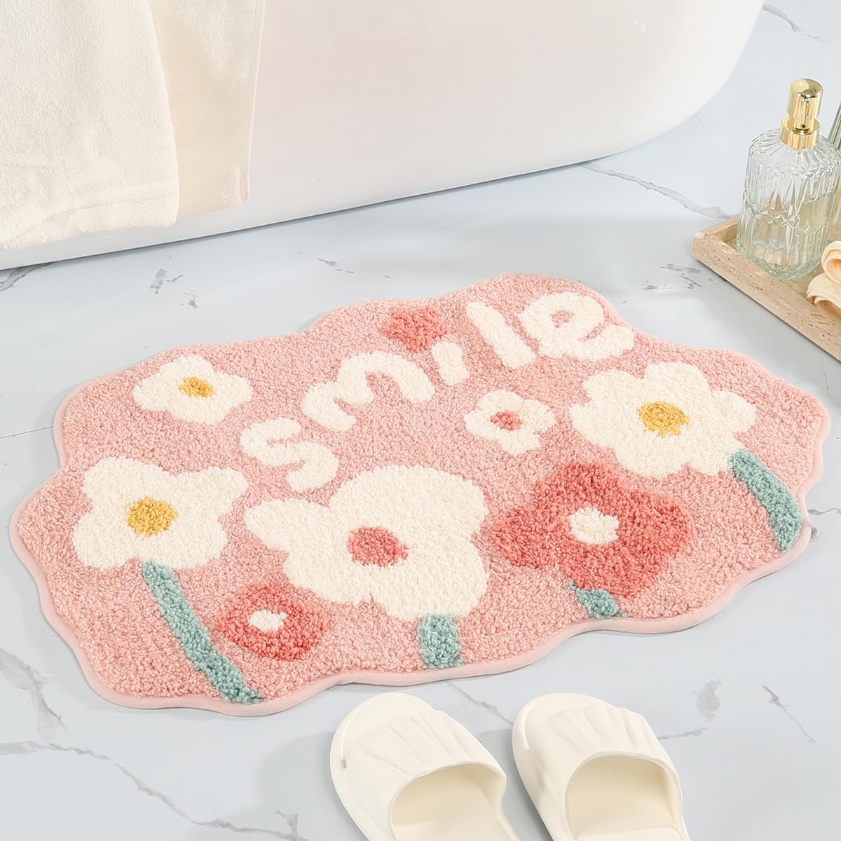 Flowers Extra Absorbent Bathroom Carpet Non Slip and Thick Microfiber Bath Rug Machine Washable Bath Mat for Bath Tub, Living Room and Bedroom (18"x27", Pink)