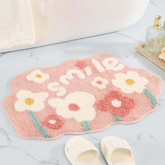 Flowers Extra Absorbent Bathroom Carpet Non Slip and Thick Microfiber Bath Rug Machine Washable Bath Mat for Bath Tub, Living Room and Bedroom (18"x27", Pink)